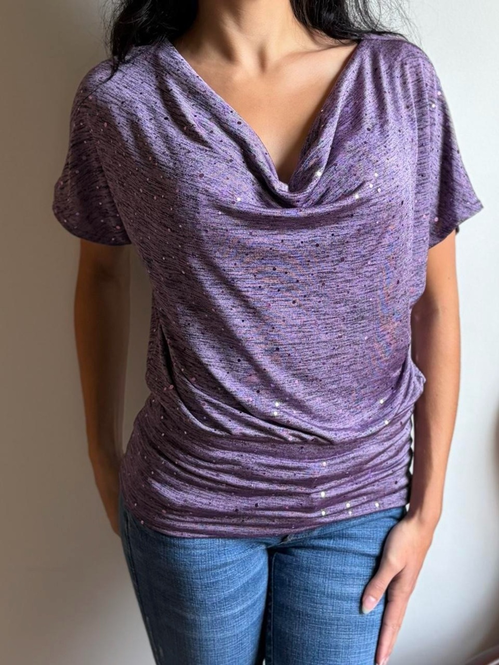 Heart Soul Sequins Cowl Neck Butterfly Top